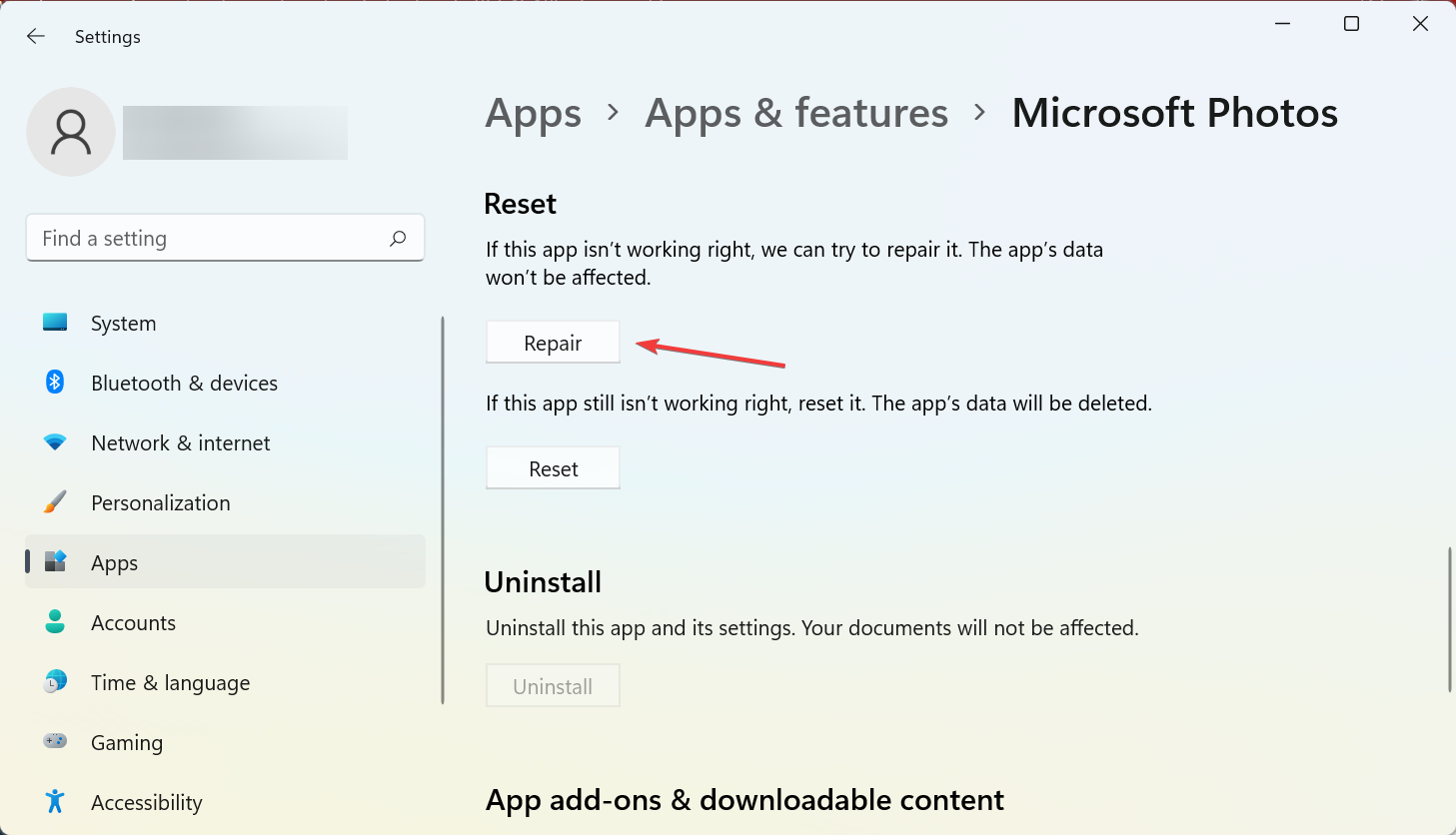Кнопка Восстановить для приложения