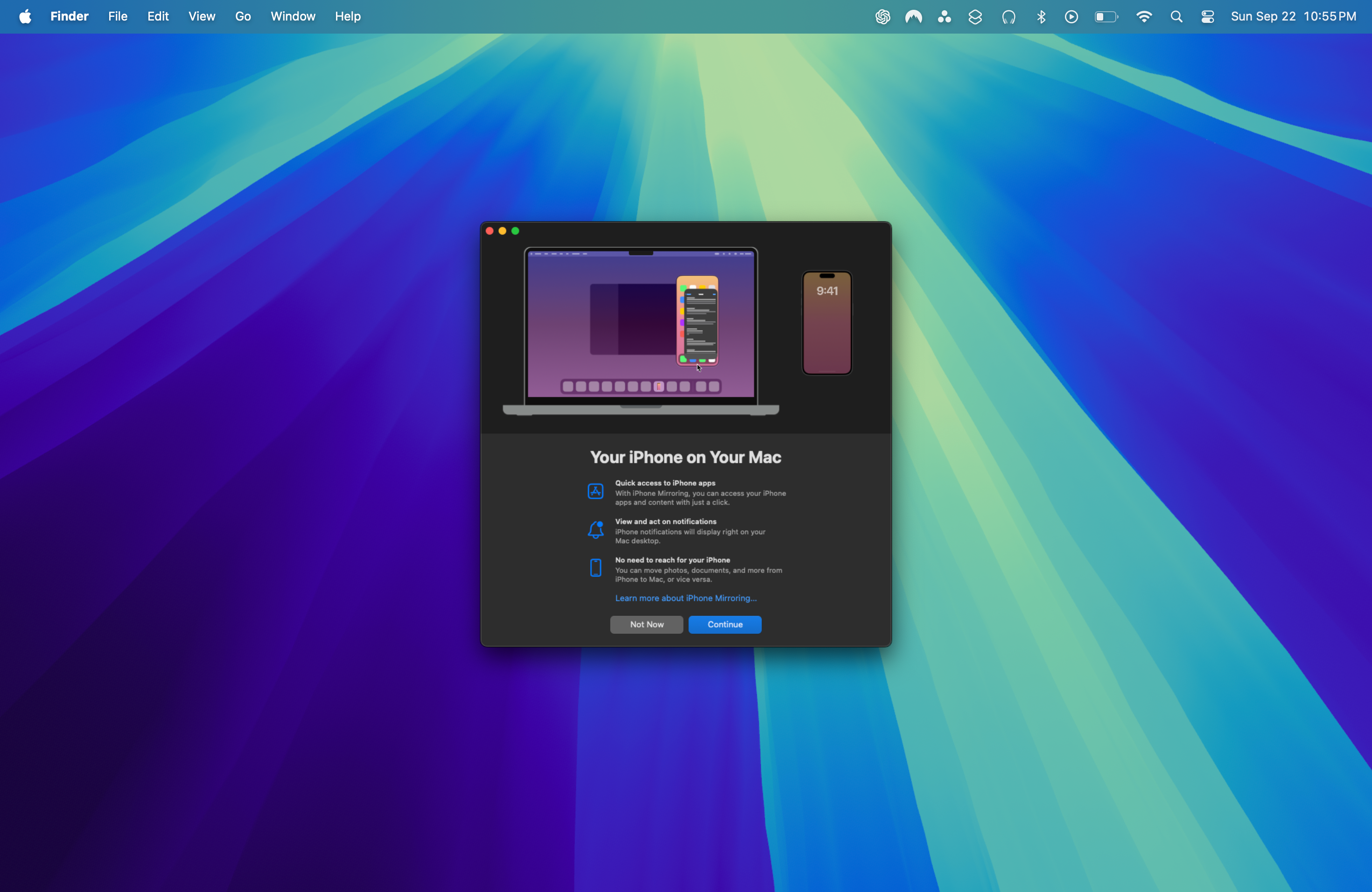 Вступительный экран iPhone Mirroring