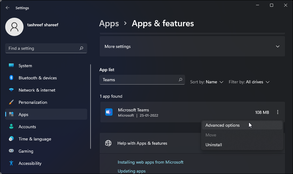 Параметры приложения Microsoft Teams