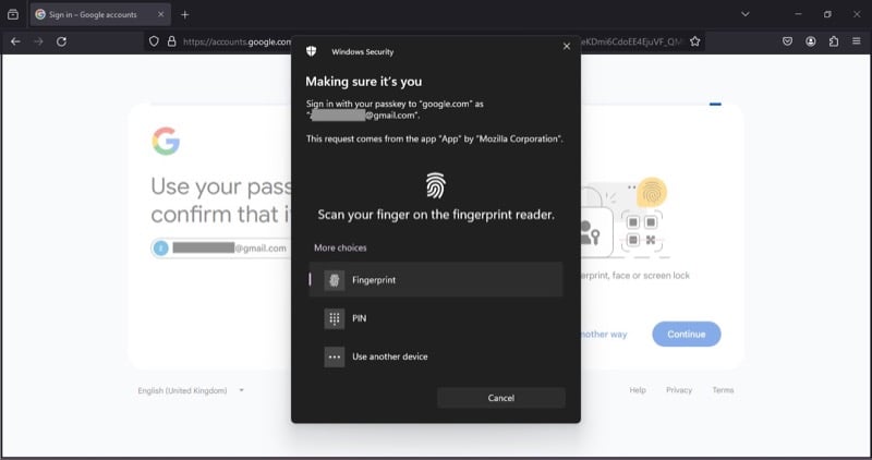Аутентификация через Windows Hello для входа с passkey