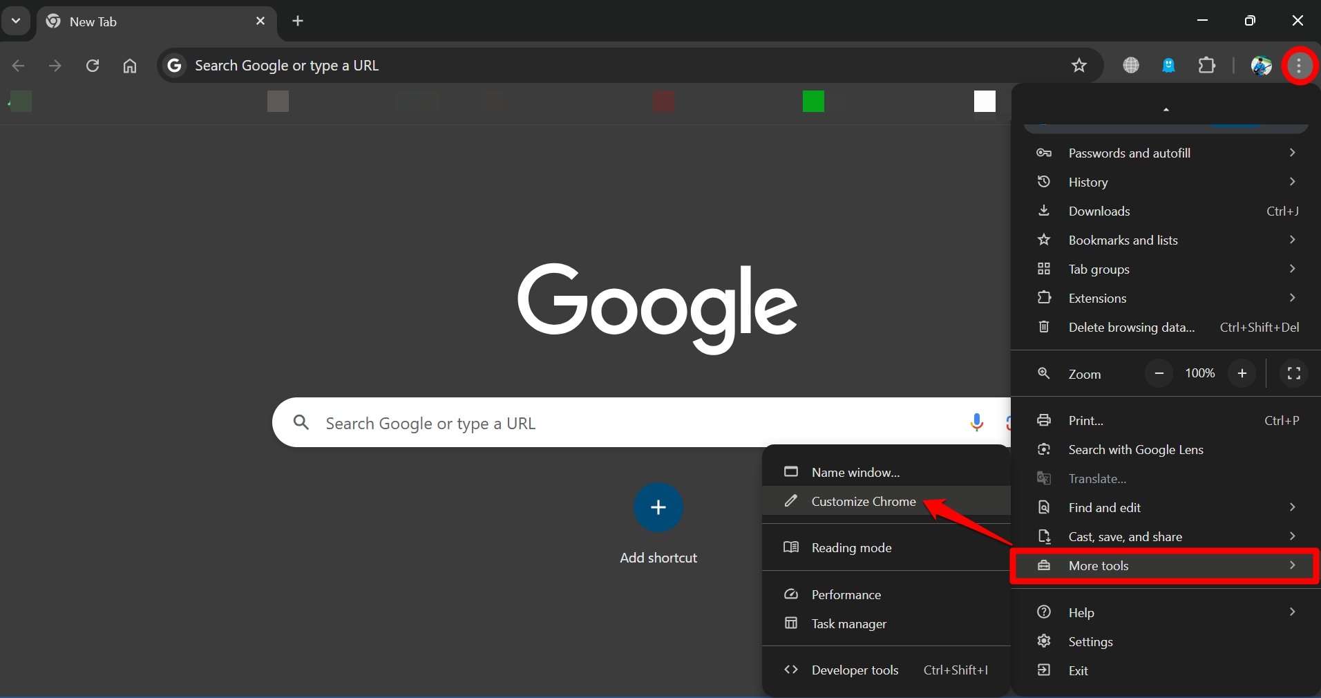 Переход в настройки кастомизации Chrome