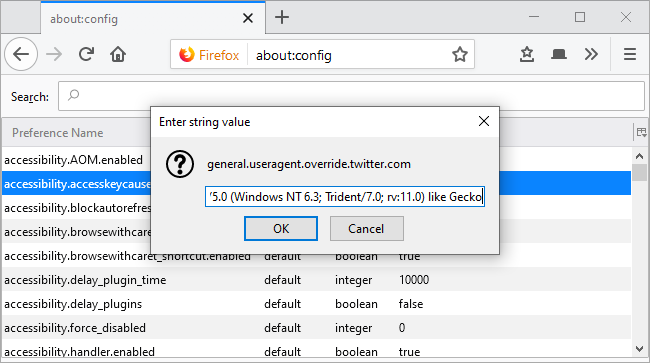 Twitter получает user agent Internet Explorer 11 в Firefox