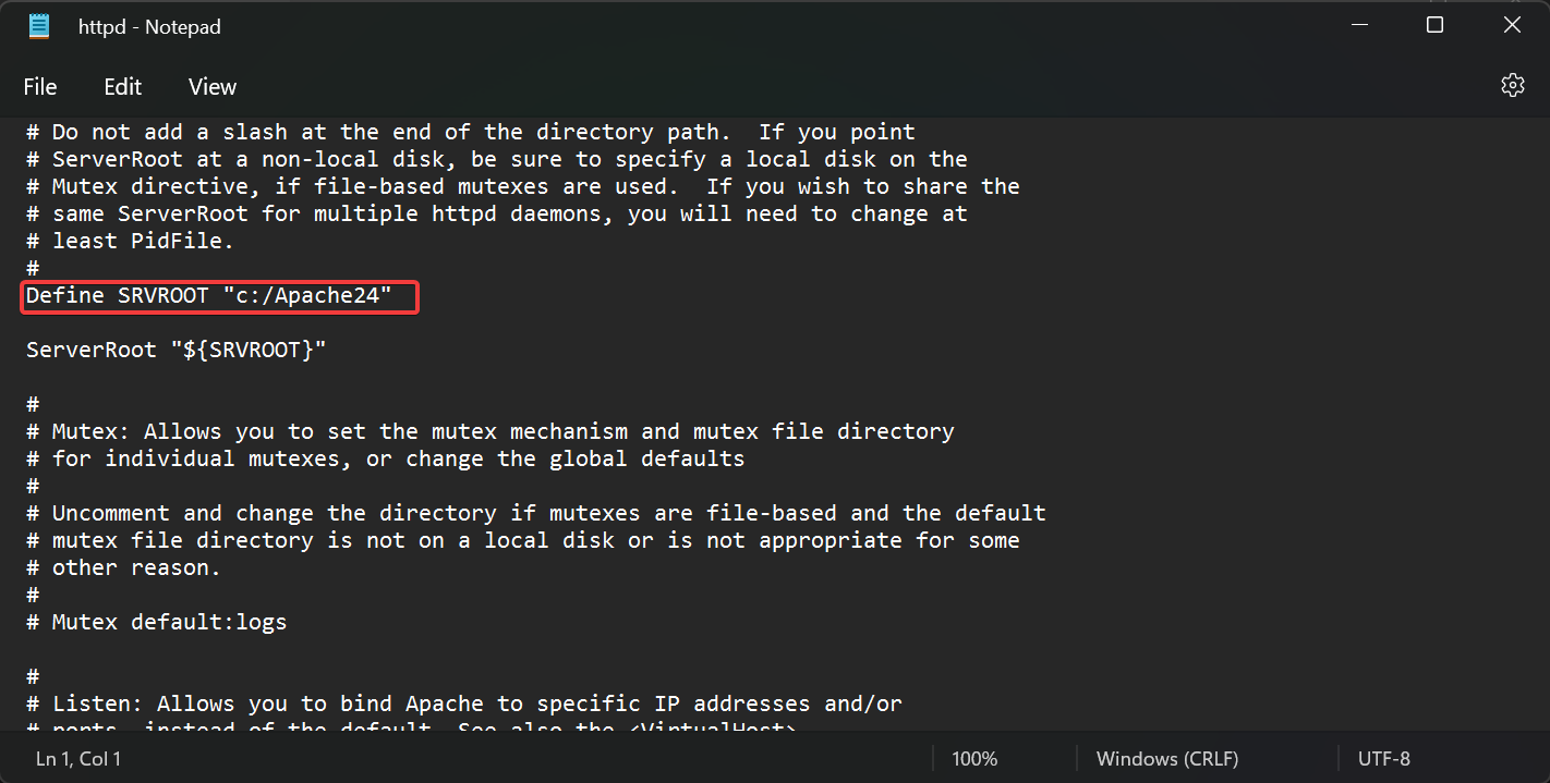 Конфигурация httpd.conf: путь установки Apache на диске C: