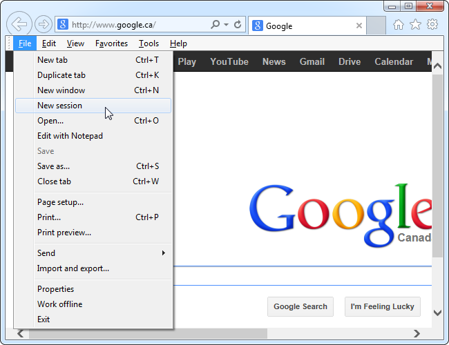 Новый сеанс в Internet Explorer