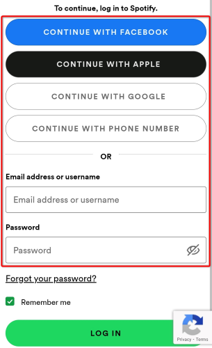 Введите данные Spotify для входа
