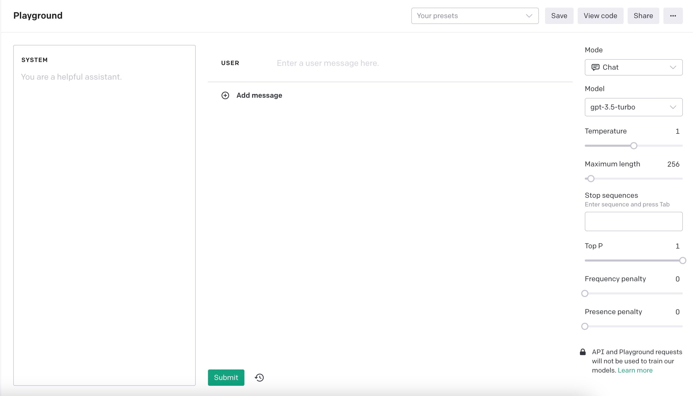 Скриншот интерфейса OpenAI Playground