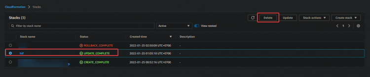 Подтверждение удаления стека CloudFormation