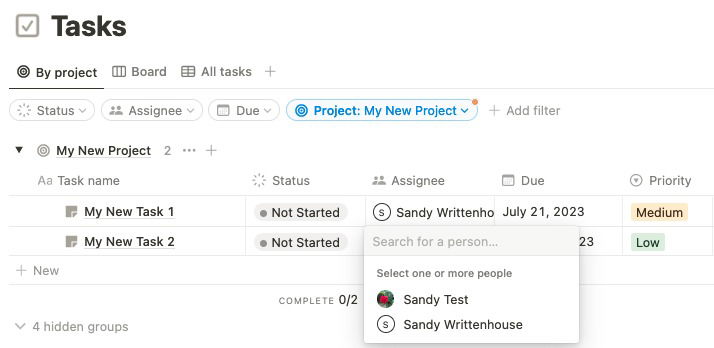 Назначение в таблице задач