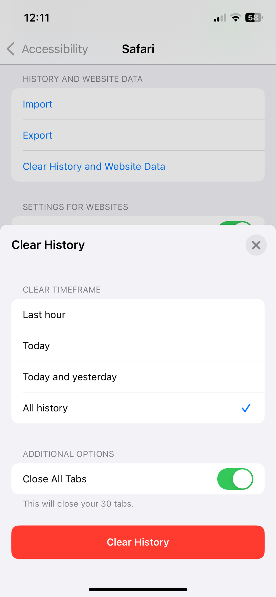 Clear History menu for Safari on iPhone