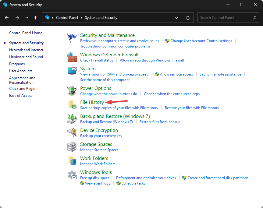 Экран Истории файлов в Панели управления