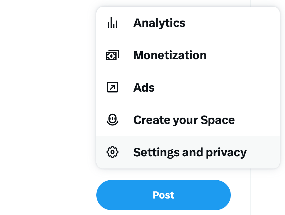 Доступ к меню «Settings and privacy» в X (Twitter).