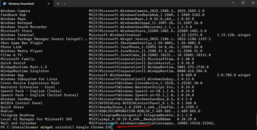 Команда winget uninstall в терминале.