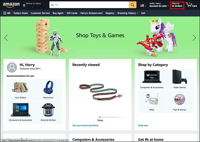 Главная страница Amazon с ссылкой Возвраты и заказы