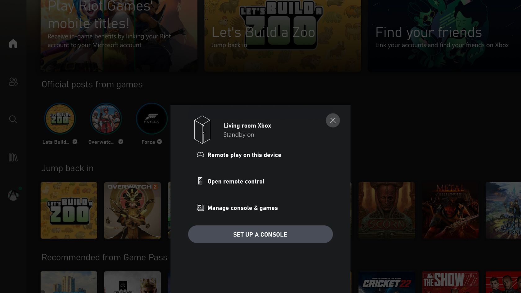 Меню трансляции Remote Play на Xbox