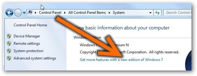 Окно: Получить дополнительные функции для новой редакции Windows 7
