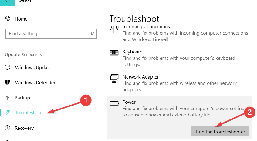 power troubleshooter windows 10
