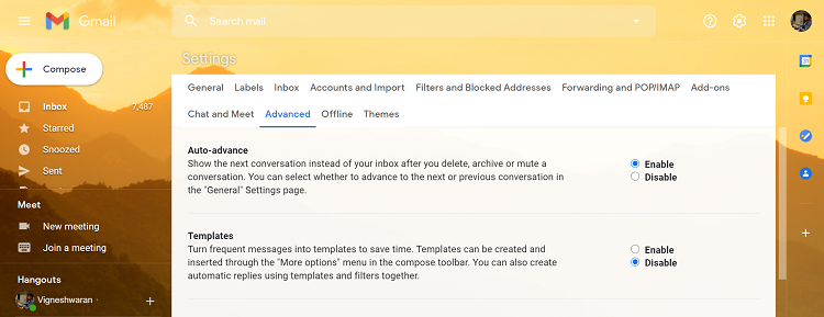 Включение функции Авто‑переход в настройках Gmail