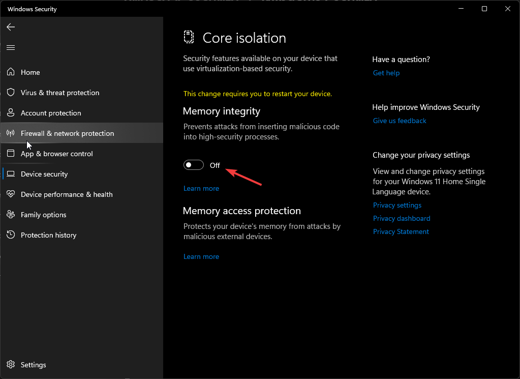 Параметр целостности памяти в Windows Security