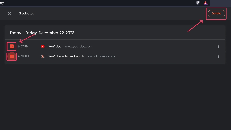 delete specific history in brave