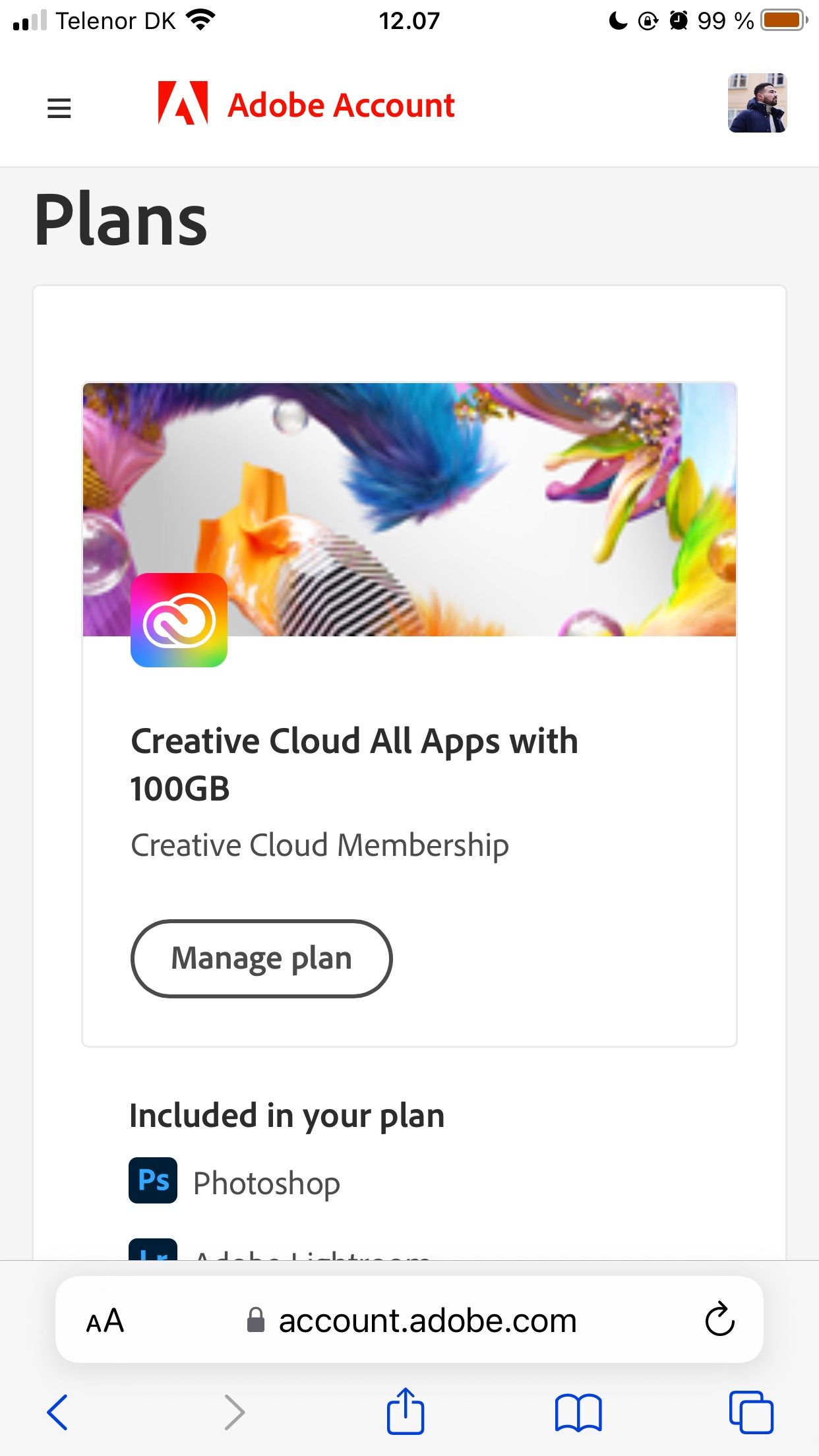 Скриншот: управление аккаунтом Adobe на смартфоне