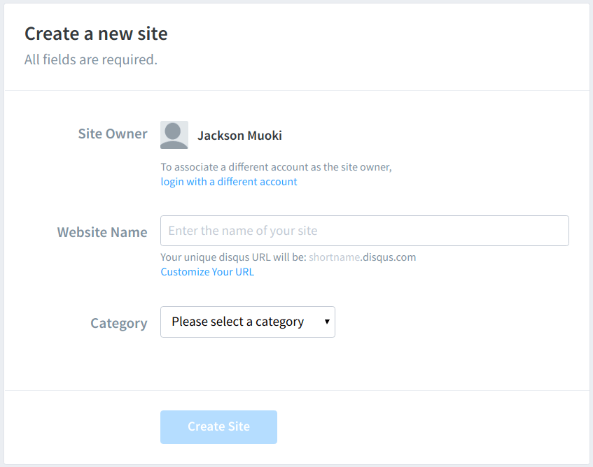 Регистрация сайта в Disqus: ввод названия и выбор категории