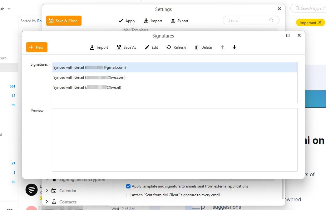Окно создания подписи в eM Client