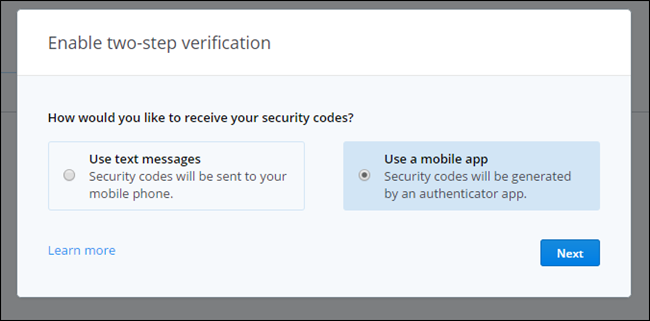 Выбор метода получения кодов (SMS или приложение) в Dropbox