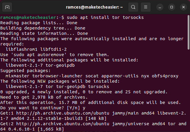 Изображение: процесс установки Tor в терминале Ubuntu