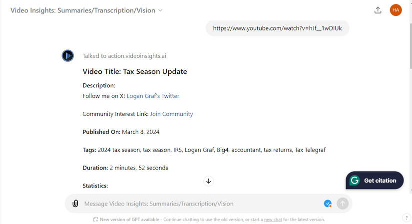 скриншот Video Insights Custom GPT