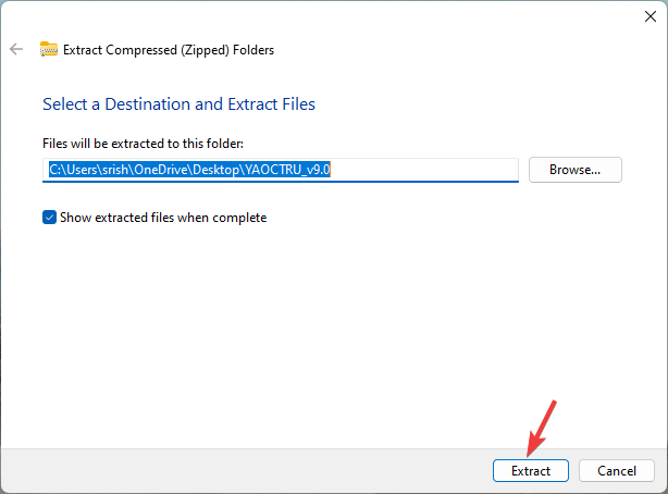 Диалог извлечения архива с кнопкой Извлечь