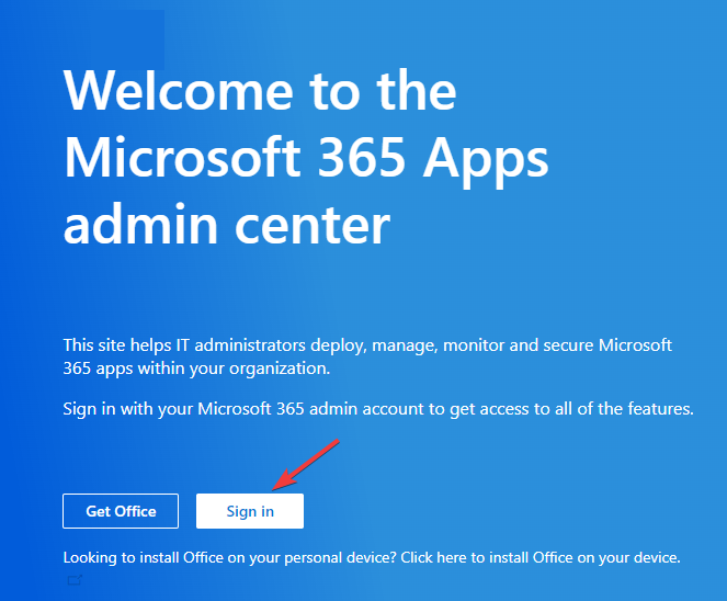 Страница входа в Microsoft 365 Apps Admin Center