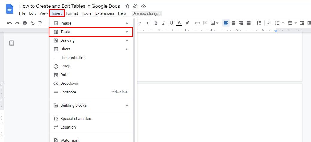 Вставка таблицы через меню Вставка в Google Docs