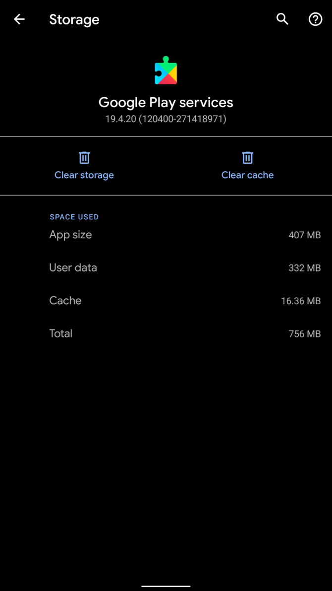 Меню Google Play services — Хранилище и кэш