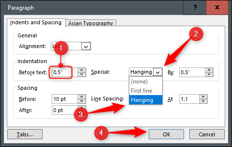 Настройки отступов и интервалов в окне Абзац