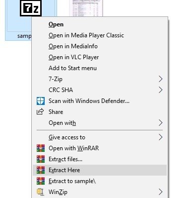 Меню правого клика: открыть или распаковать RAR