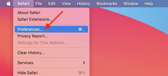 Доступ к Настройкам Safari через меню