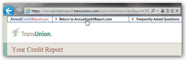 Ссылка возврата к AnnualCreditReport.com на сайте TransUnion