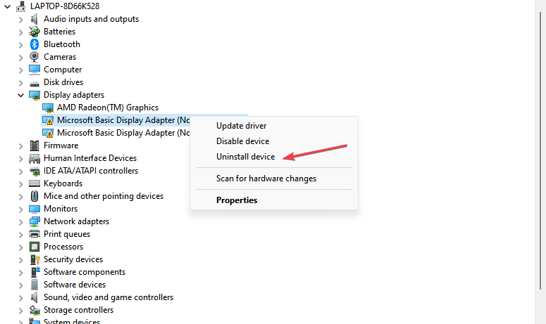 Контекстное меню в Диспетчере устройств с пунктом Удалить устройство