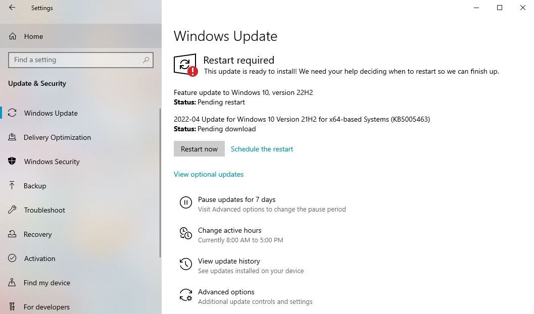 Кнопка «Перезагрузить сейчас» в настройках обновления Windows