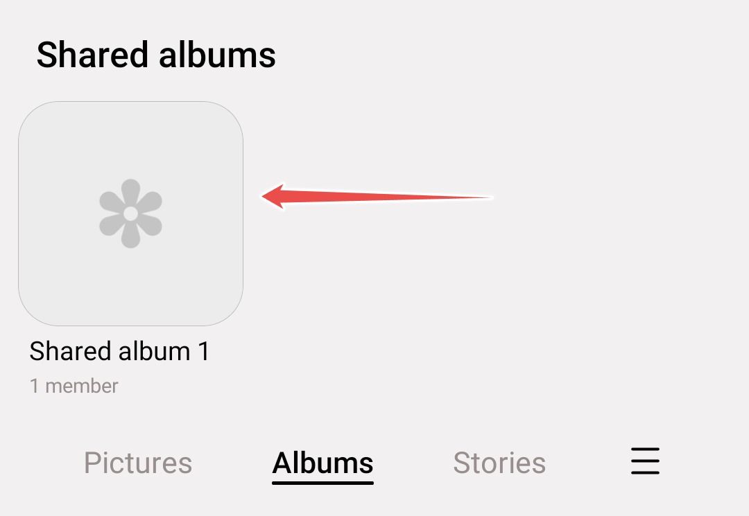 Newly created shared album in Samsung Gallery
