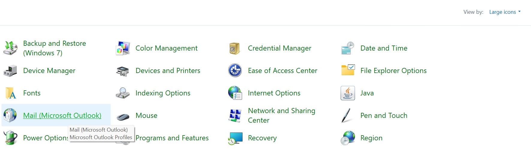 Откройте пункт Почта в Панели управления Windows