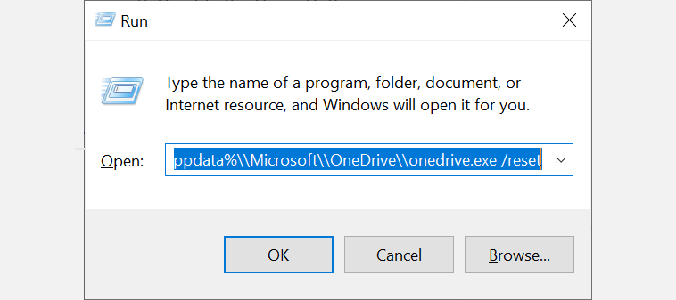 Сброс OneDrive с помощью команды reset