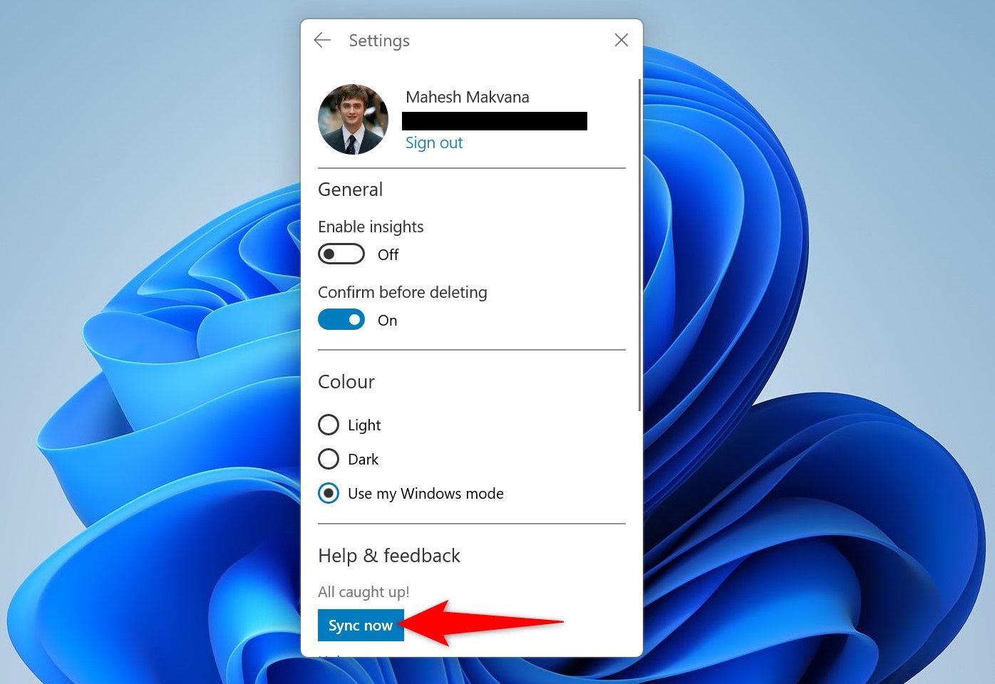 Кнопка Sync Now в настройках Sticky Notes.