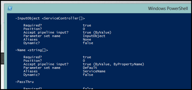 скриншот полной помощи по Stop-Service с описанием InputObject