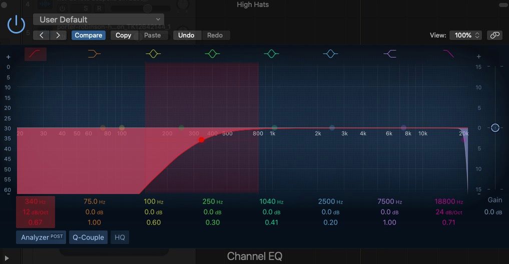 HPF/LPF для хай-хетов в Logic Pro Channel EQ