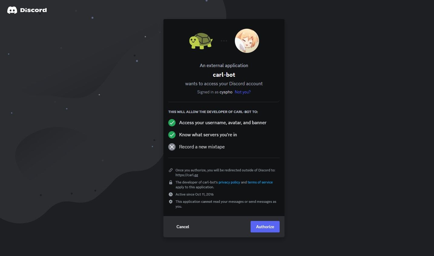 Signing into Carl-bot using Discord