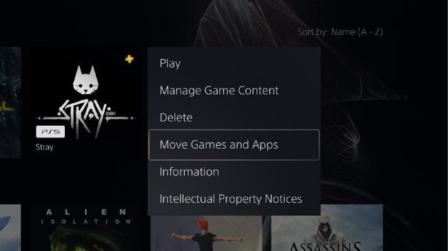 Меню PS5: перемещение игр