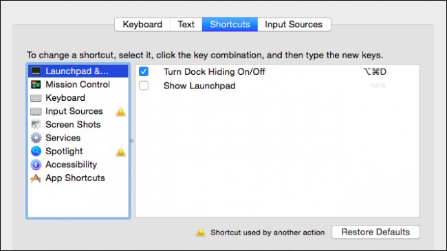 Вкладка Сочетания клавиш macOS