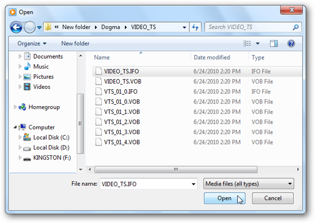 Windows Media Player — открытие файла VIDEO_TS.IFO