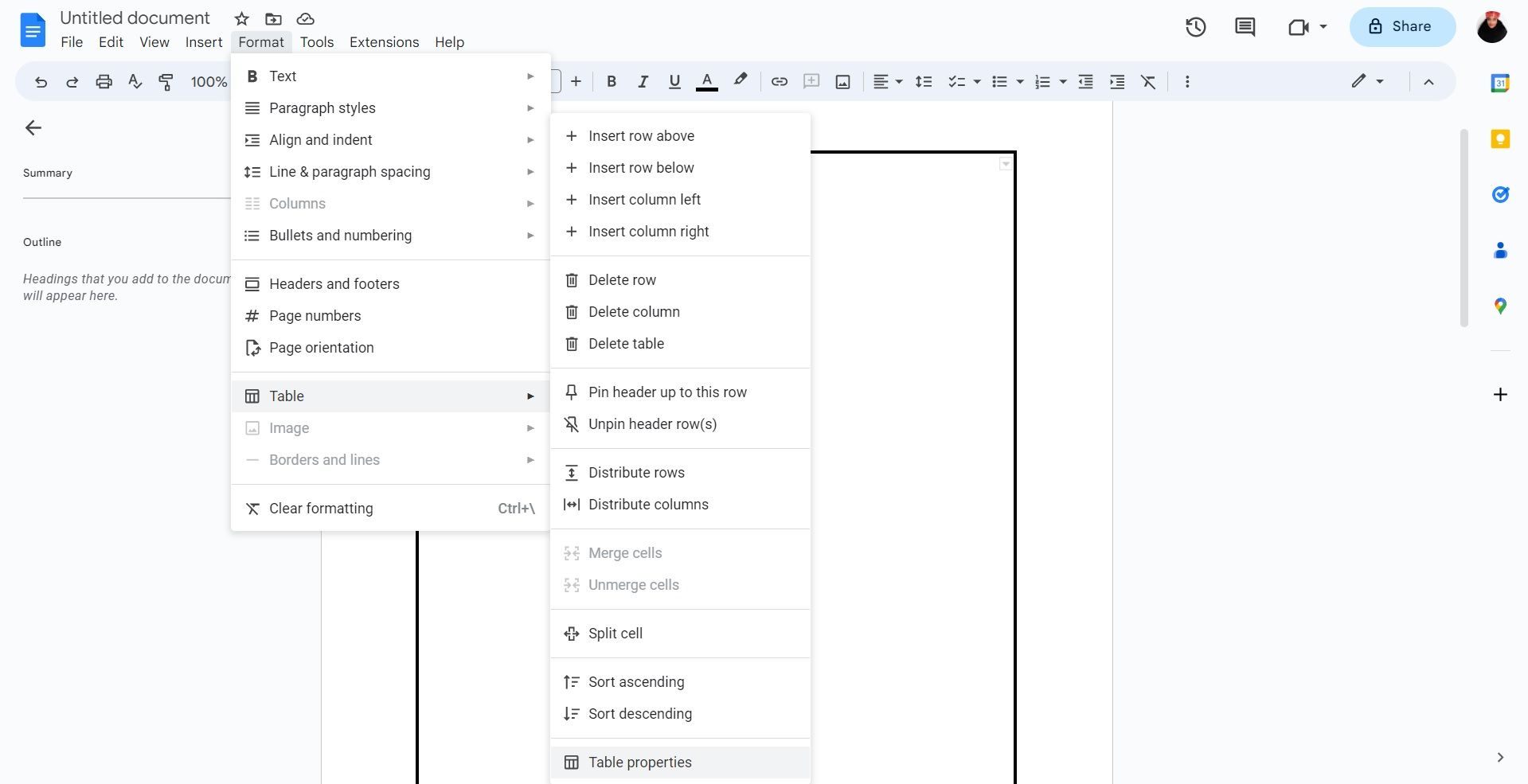Настройка границы таблицы в Google Docs
